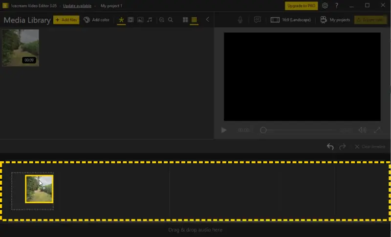 Icecream Video Editor: таймлайн со сценой и зона Drag & drop audio here